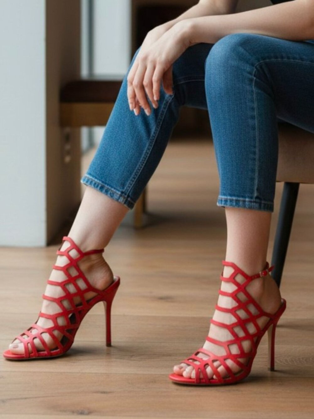 Red Strappy High Heeled Sandals With Cutout Design & Adjustable Buckle Chic Even